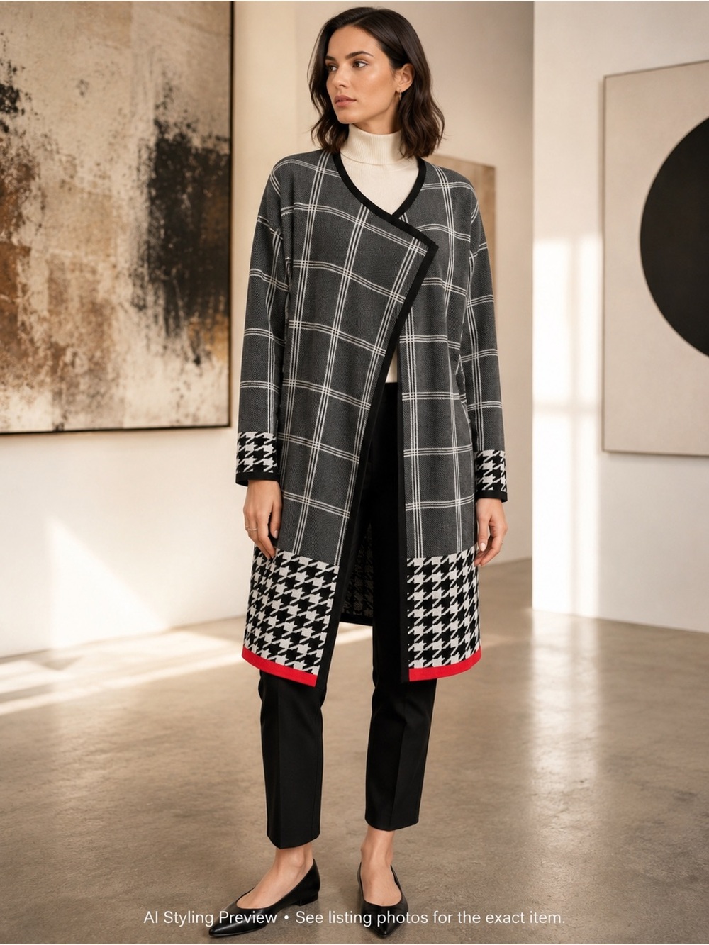 ORLY Heavyweight Windowpane & Houndstooth Drape Cardigan XL – Statement Knit